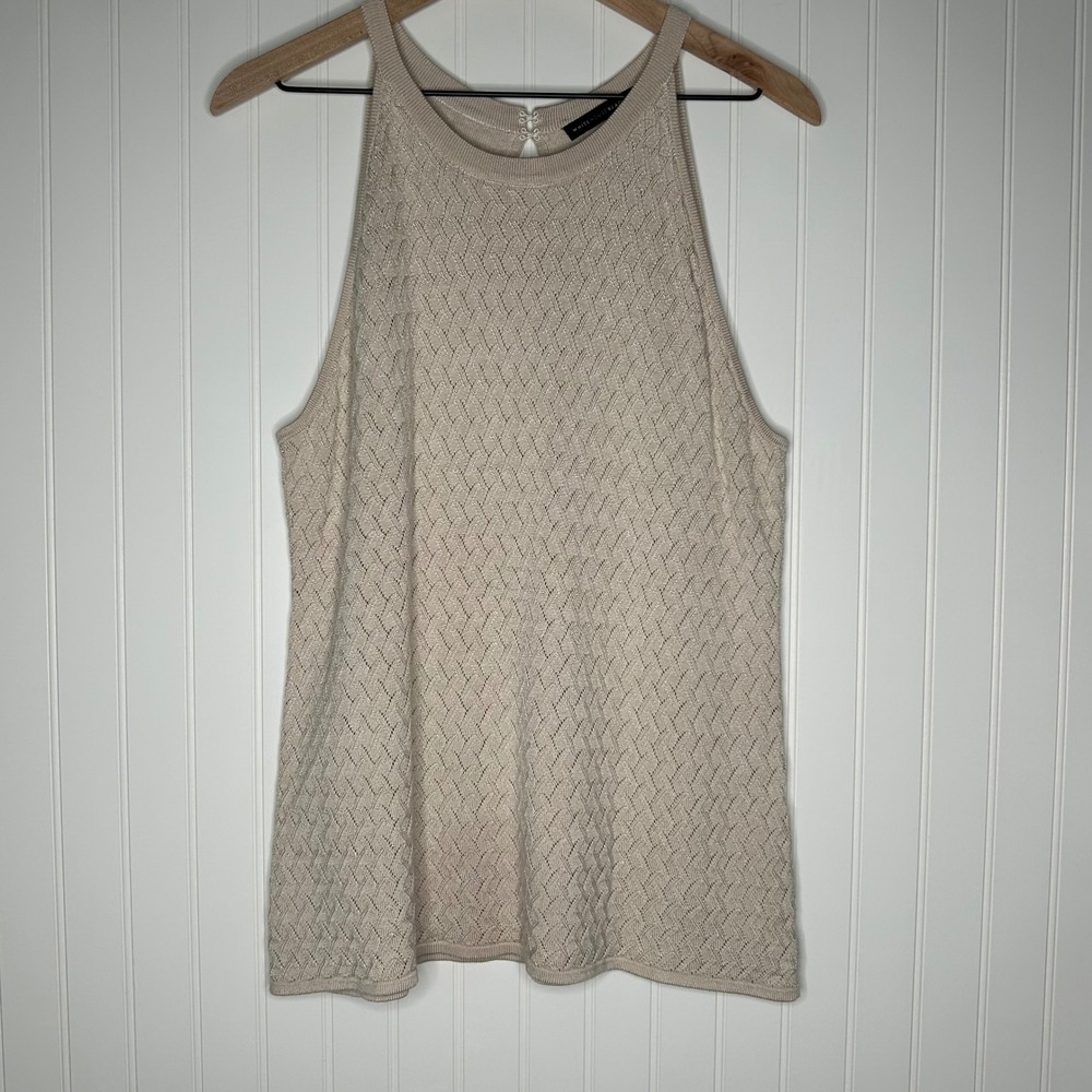 White House Black Market Womens Sweater Tank L Champagne Metallic Halter Knit